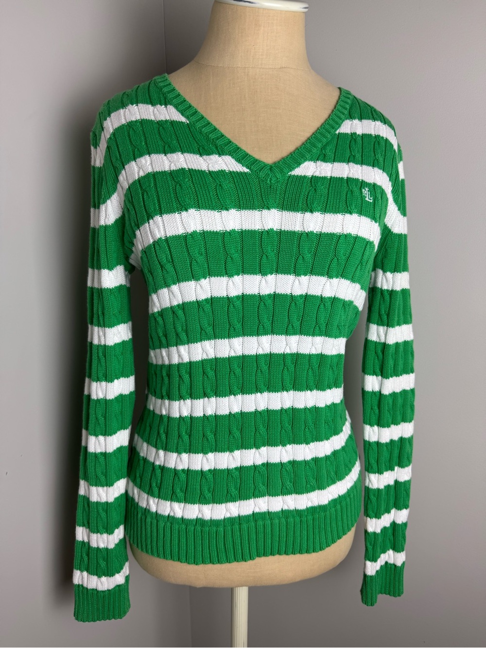 Vintage Ralph Lauren Green & White Striped V-Neck Cable Knit Sweater